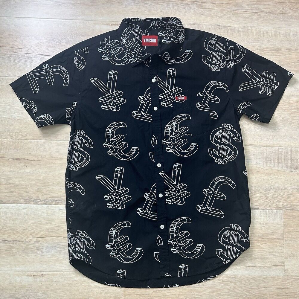 YMCMB Men's Currency Woven Button Up Short Sleeve Shirt-Black-Large